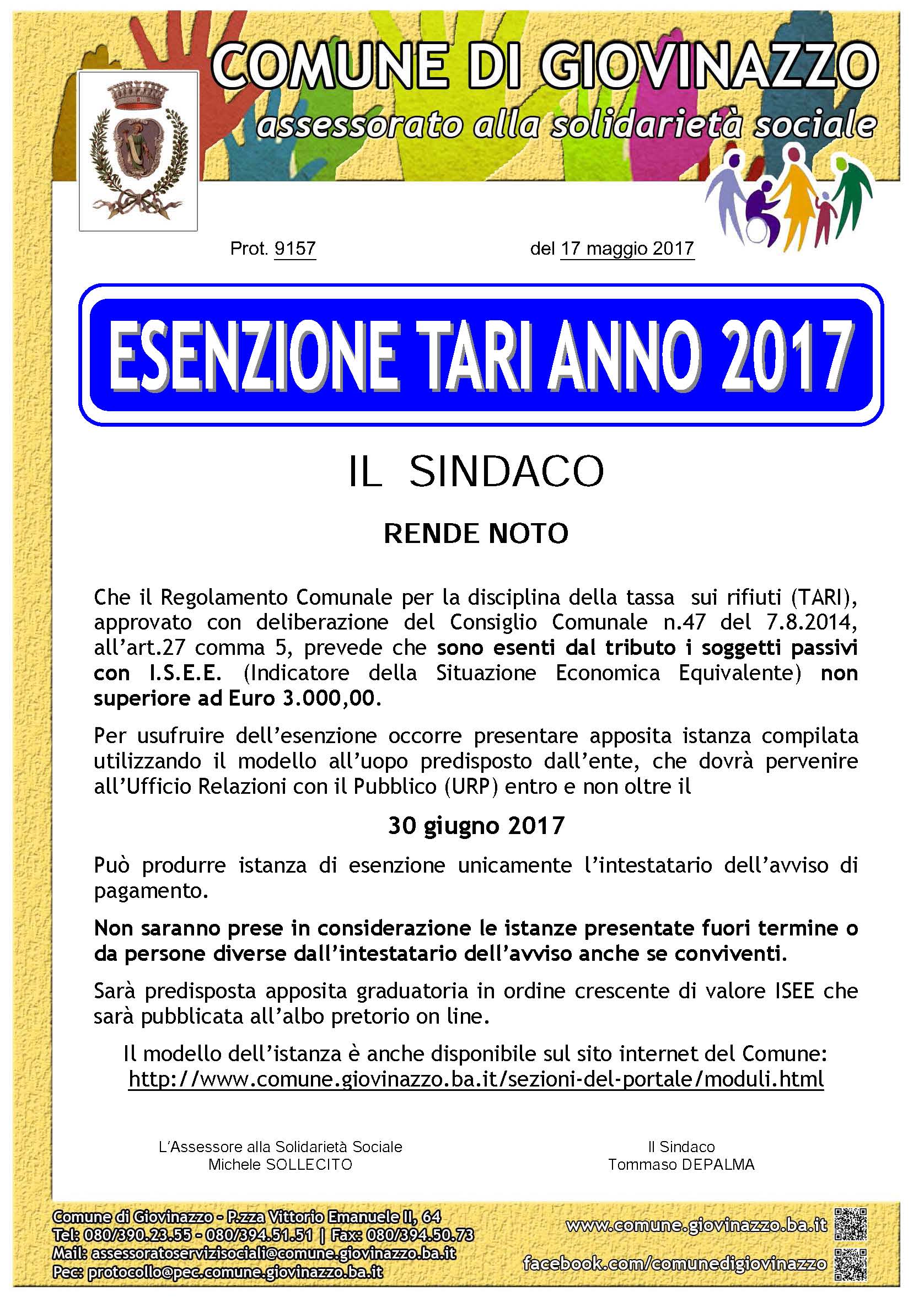 Manifesto esenzione TARI anno 2017